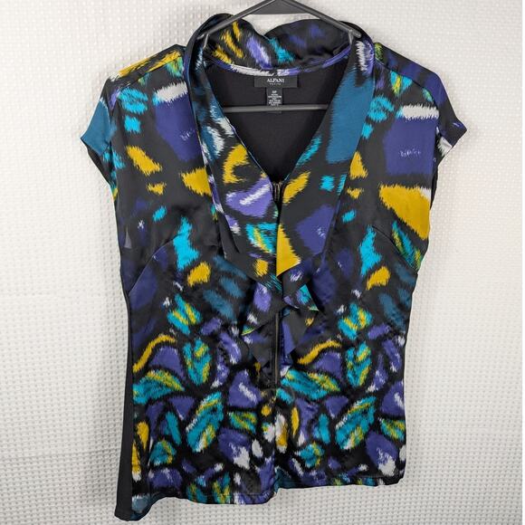 Alfani Petite 6P Multicolor Abstract Cowl Neck Blouse Womens Short Sleeve Top - Picture 1 of 3